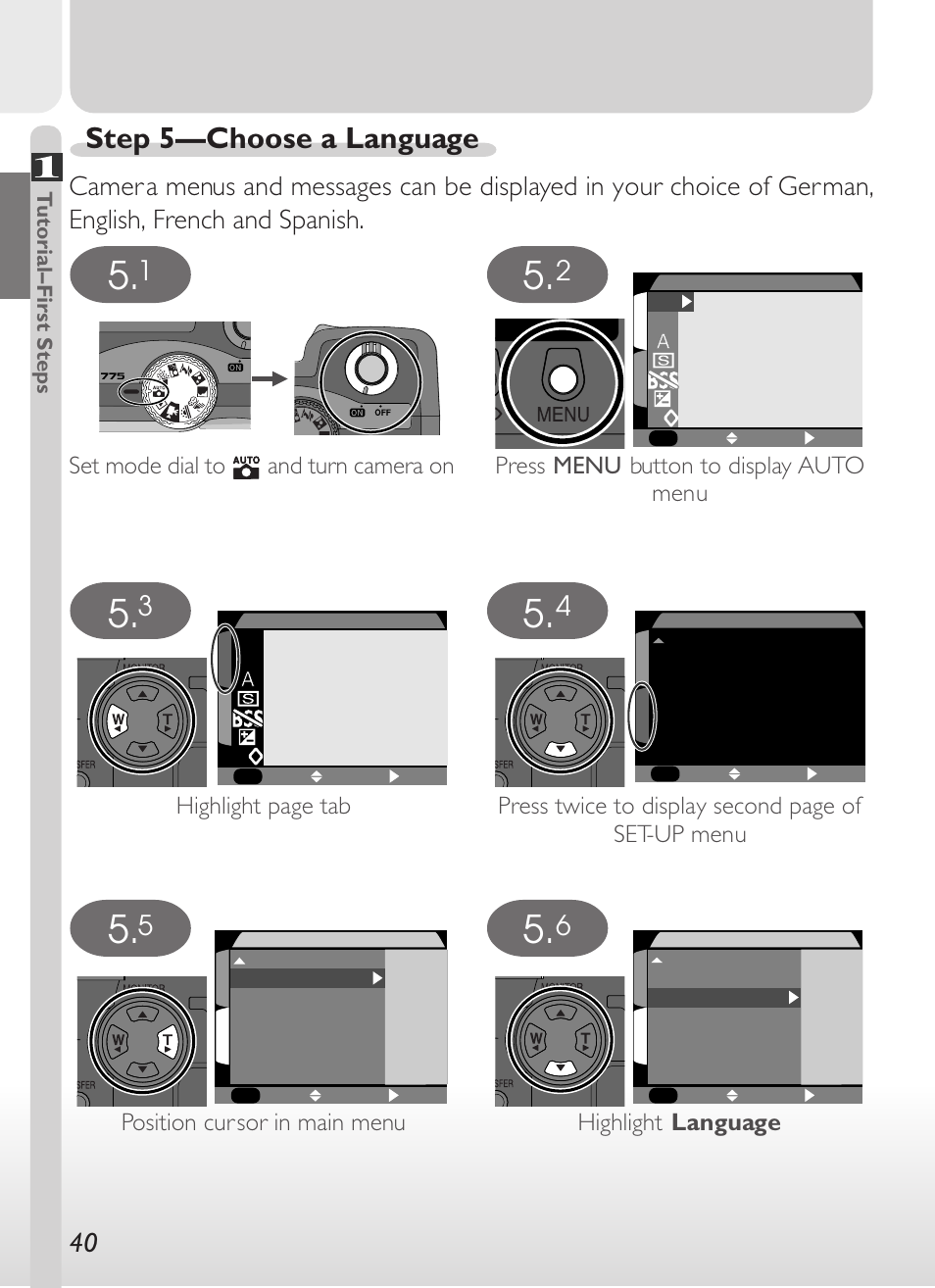 Step 5—choose a language, Press twice to display second page of set-up menu, Press menu button to display auto menu | Highlight language | Nikon 775 User Manual | Page 54 / 182