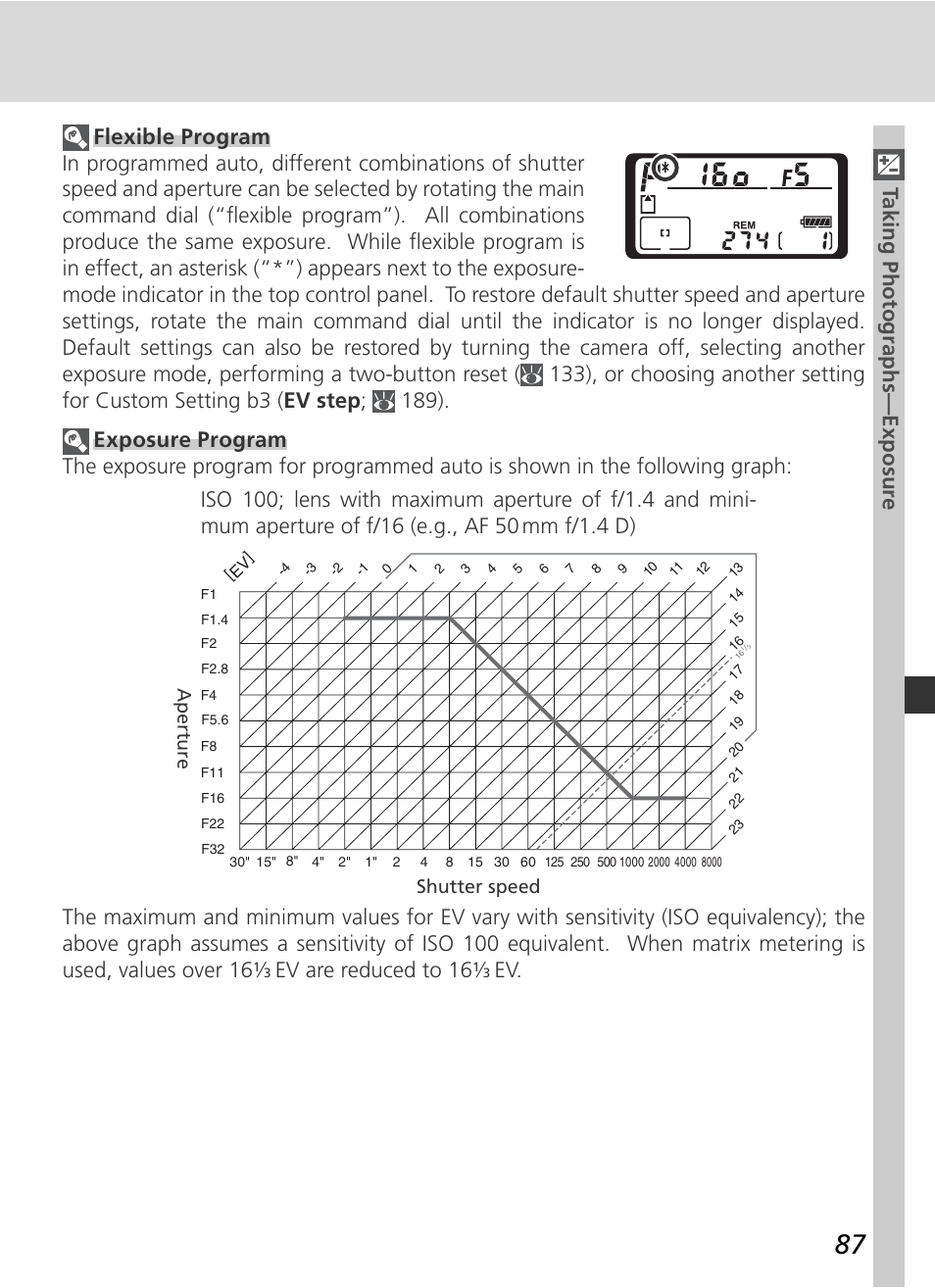 Ev are re duced to 16, Aperture shutter speed | Nikon D2X User Manual | Page 101 / 279