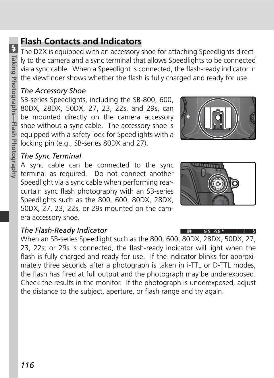 Flash contacts and indicators | Nikon D2X User Manual | Page 130 / 279