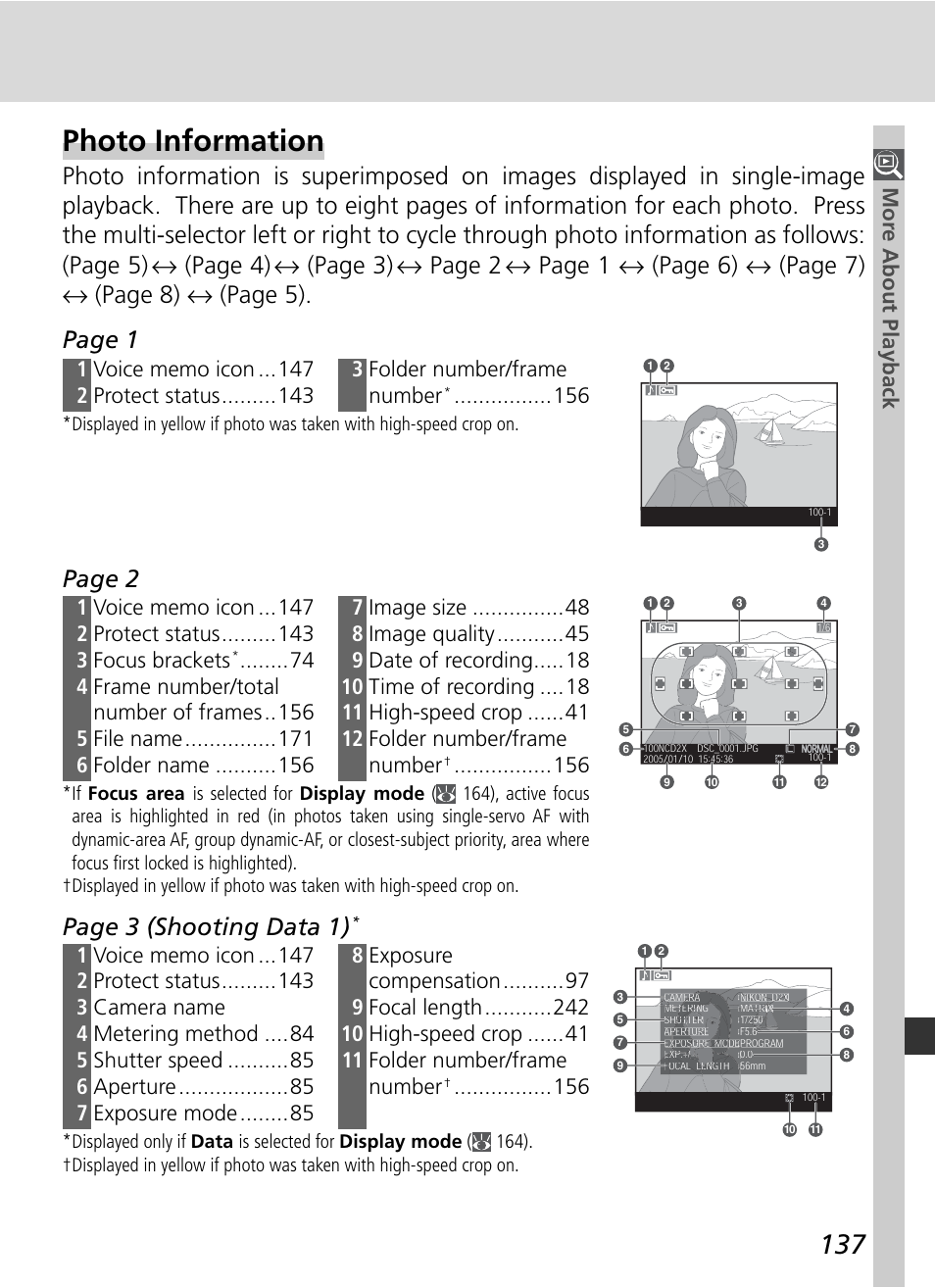 Photo information, Page 2, Page 3 (shooting data 1) | Mor e about playback | Nikon D2X User Manual | Page 151 / 279