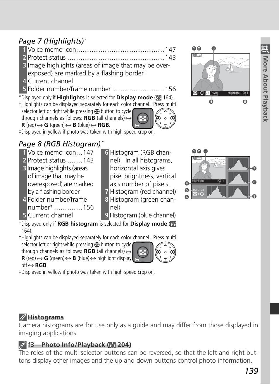 Page 7 (highlights), Page 8 (rgb histogram) | Nikon D2X User Manual | Page 153 / 279