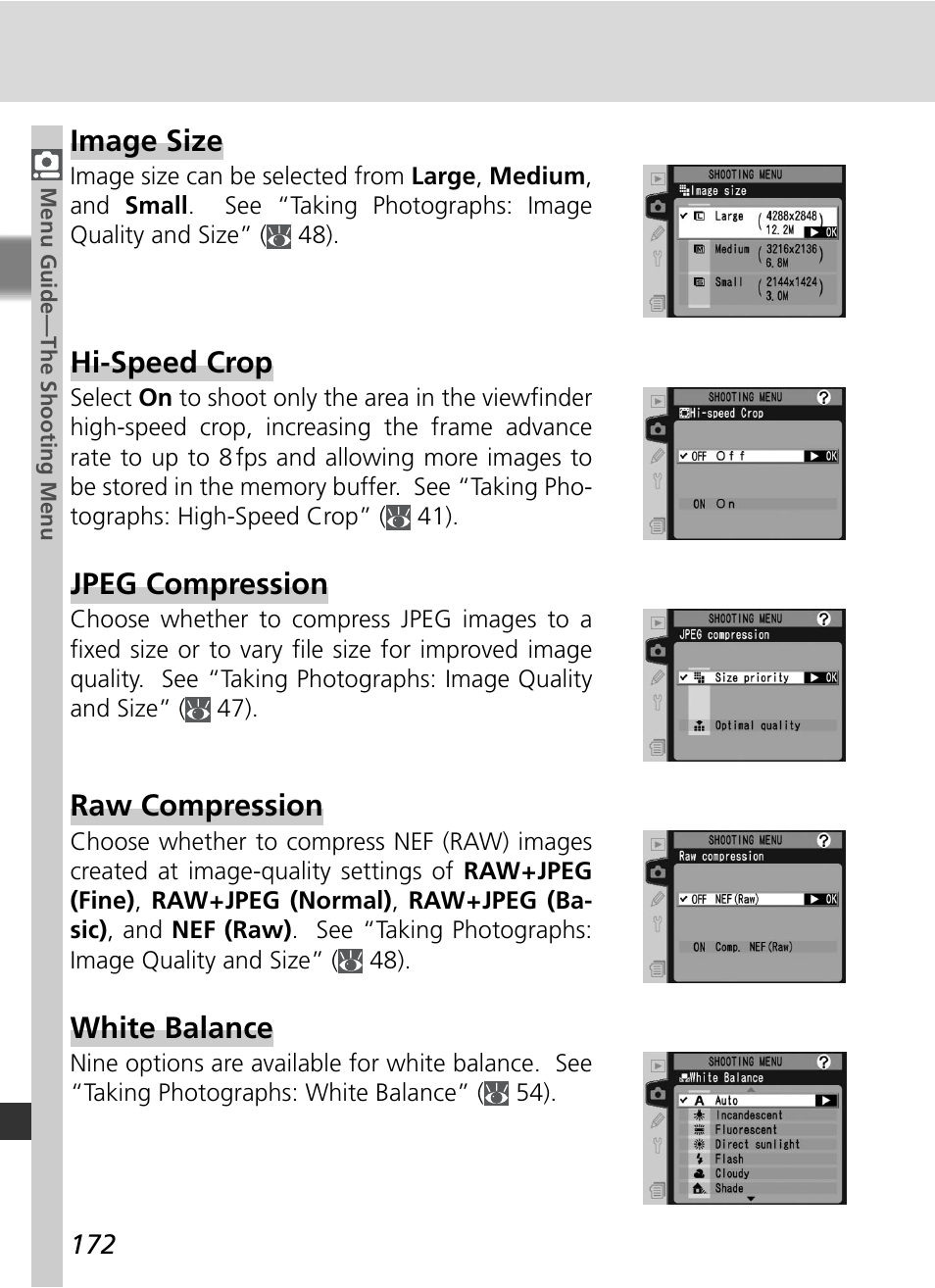 Hi-speed crop, Raw compression, Jpeg compression | Image size, White balance | Nikon D2X User Manual | Page 186 / 279