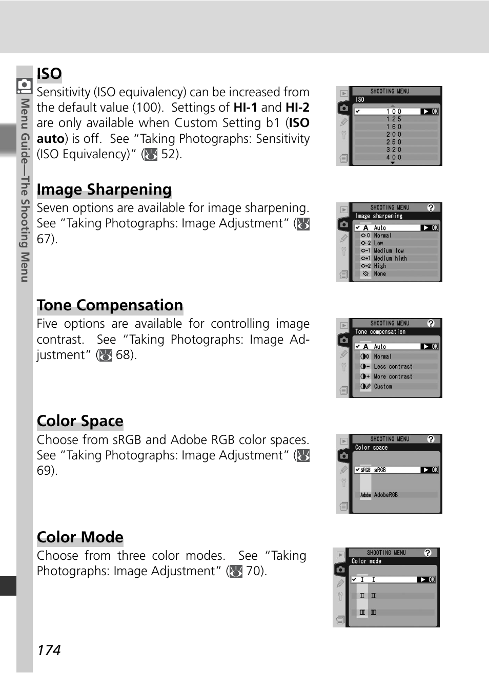 Image sharpening, Tone compensation, Color space | Color mode | Nikon D2X User Manual | Page 188 / 279