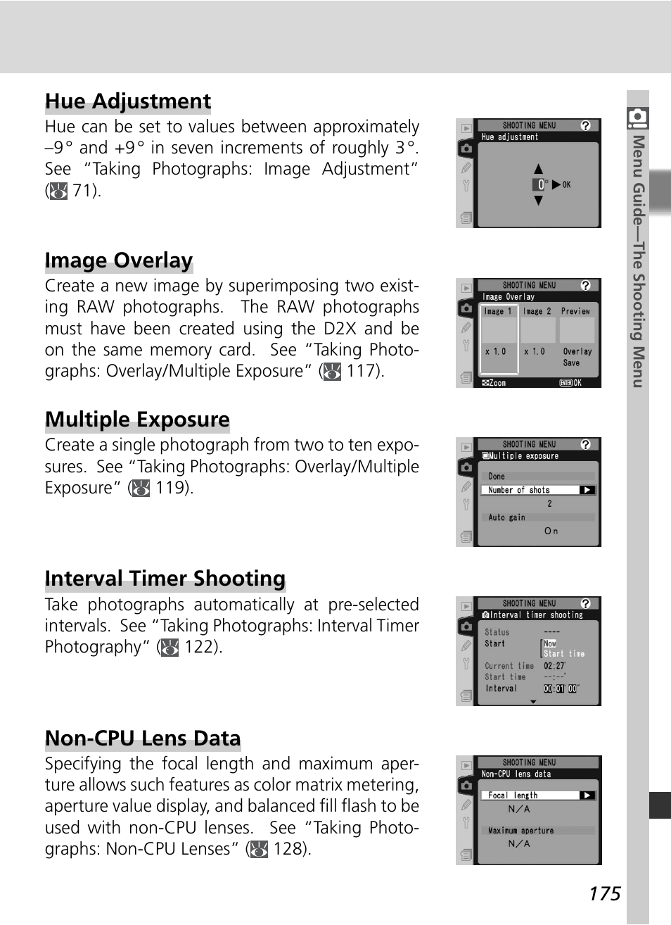 Hue adjustment, Interval timer shooting, Non-cpu lens data | Multiple exposure, Image overlay | Nikon D2X User Manual | Page 189 / 279