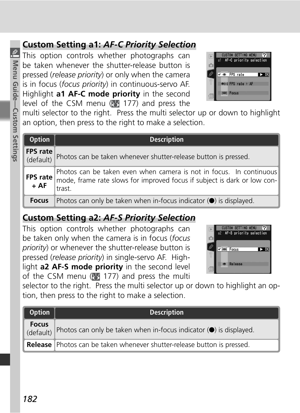 Custom setting a1: af-c priority selection, Custom setting a2: af-s priority selection | Nikon D2X User Manual | Page 196 / 279