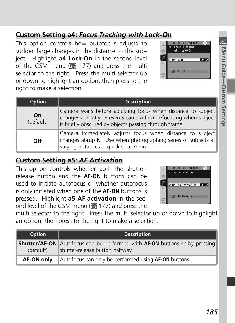 Custom setting a4: focus tracking with lock-on, Custom setting a5: af activation | Nikon D2X User Manual | Page 199 / 279