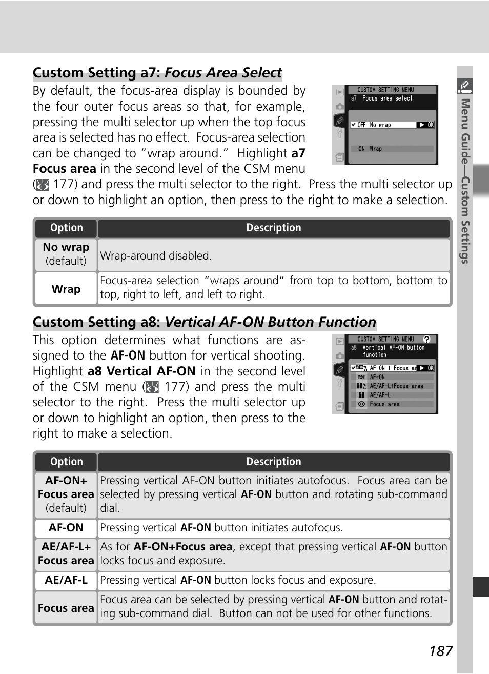 Custom setting a8: vertical af-on button function, Custom setting a7: focus area select | Nikon D2X User Manual | Page 201 / 279
