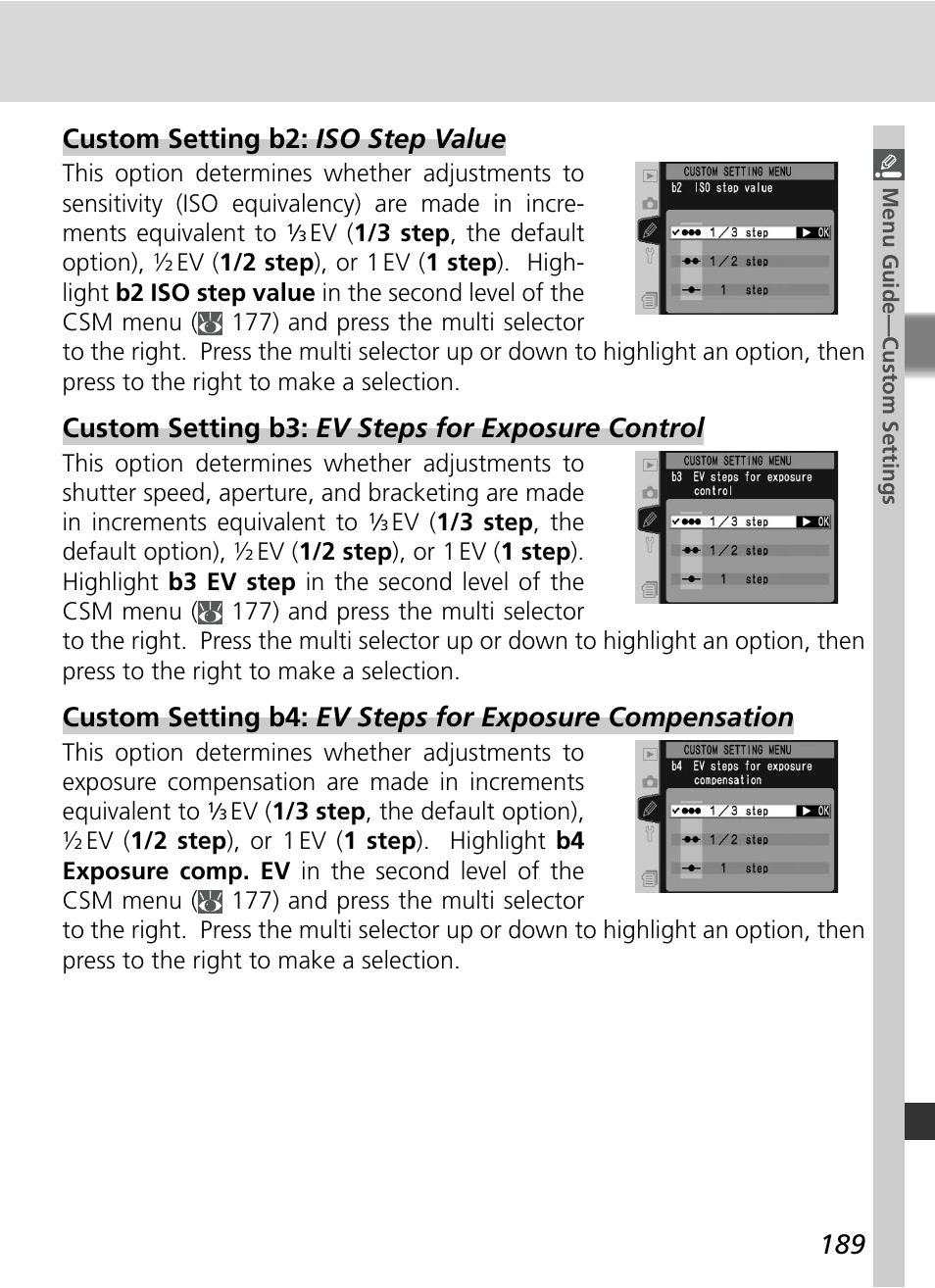 Custom setting b2: iso step value, Custom setting b3: ev steps for exposure control | Nikon D2X User Manual | Page 203 / 279