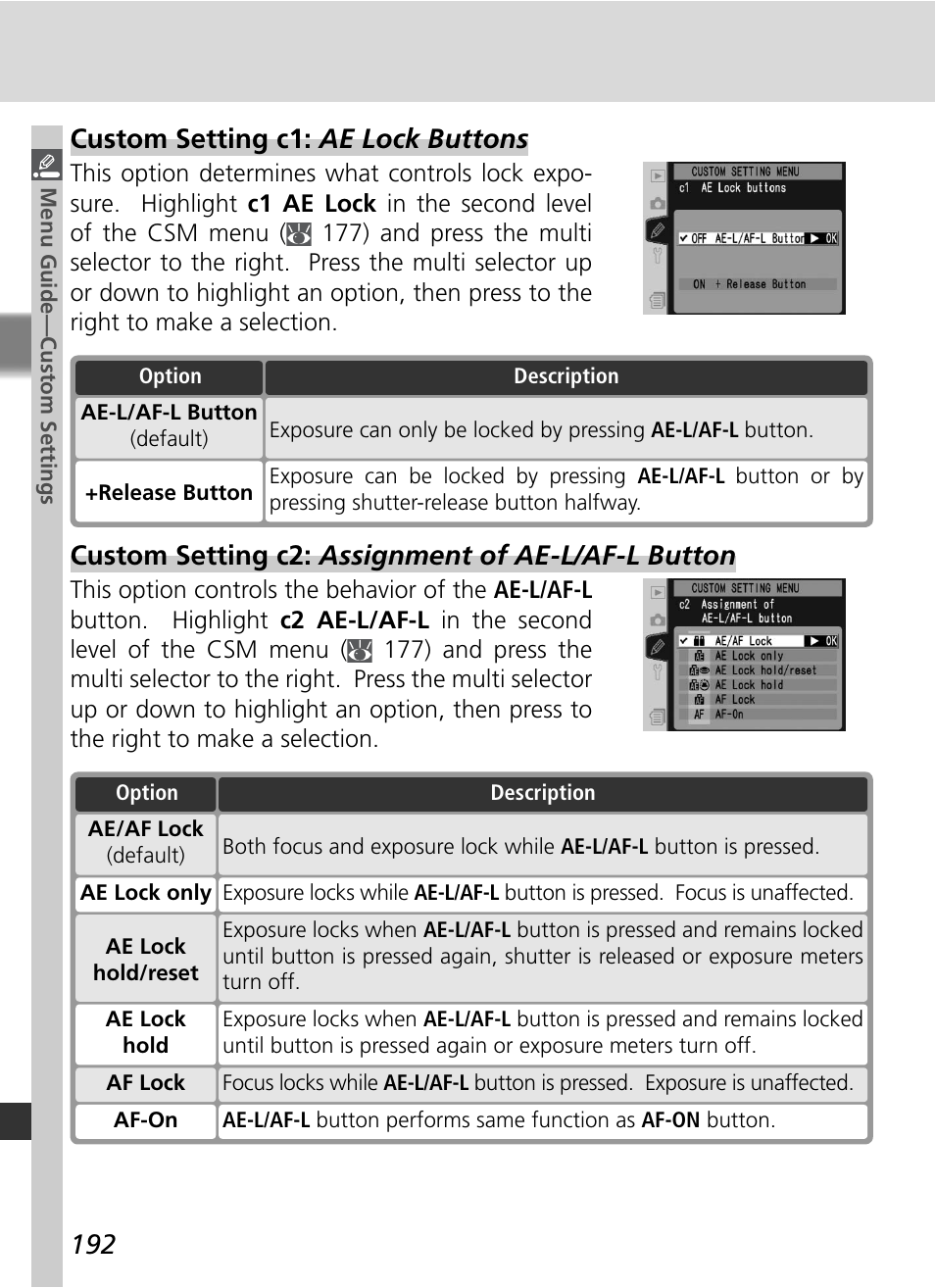 Custom setting c2: assignment of ae-l/af-l button, Custom setting c1: ae lock buttons | Nikon D2X User Manual | Page 206 / 279