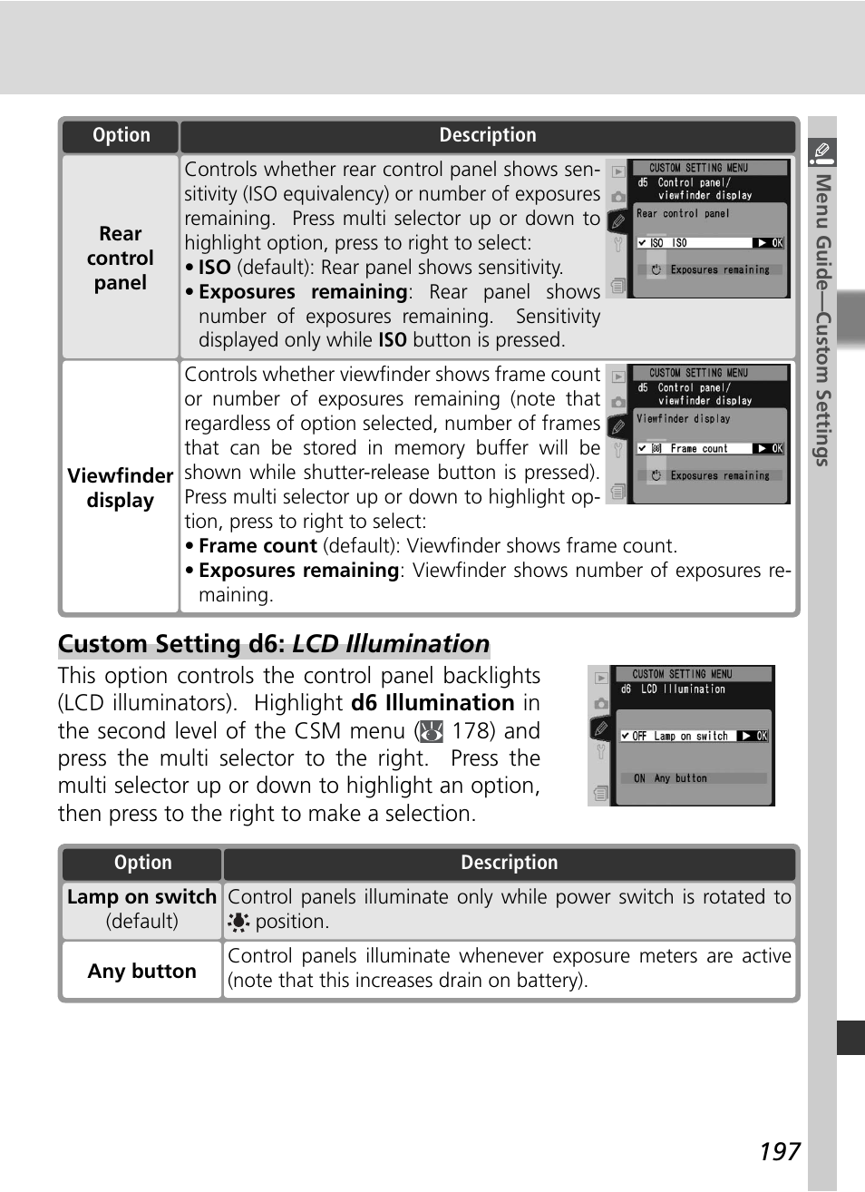 Custom setting d6: lcd illumination | Nikon D2X User Manual | Page 211 / 279