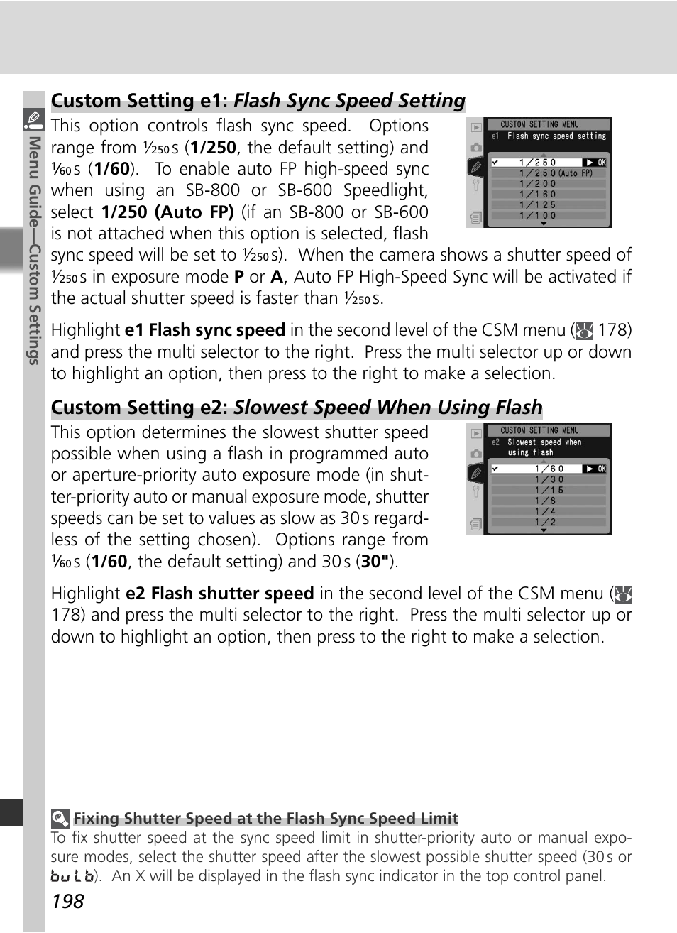 Custom setting e1: flash sync speed setting, Custom setting e2: slowest speed when using flash | Nikon D2X User Manual | Page 212 / 279