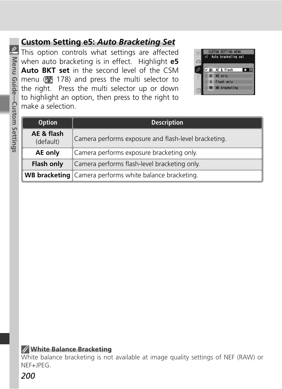 Custom setting e5: auto bracketing set | Nikon D2X User Manual | Page 214 / 279