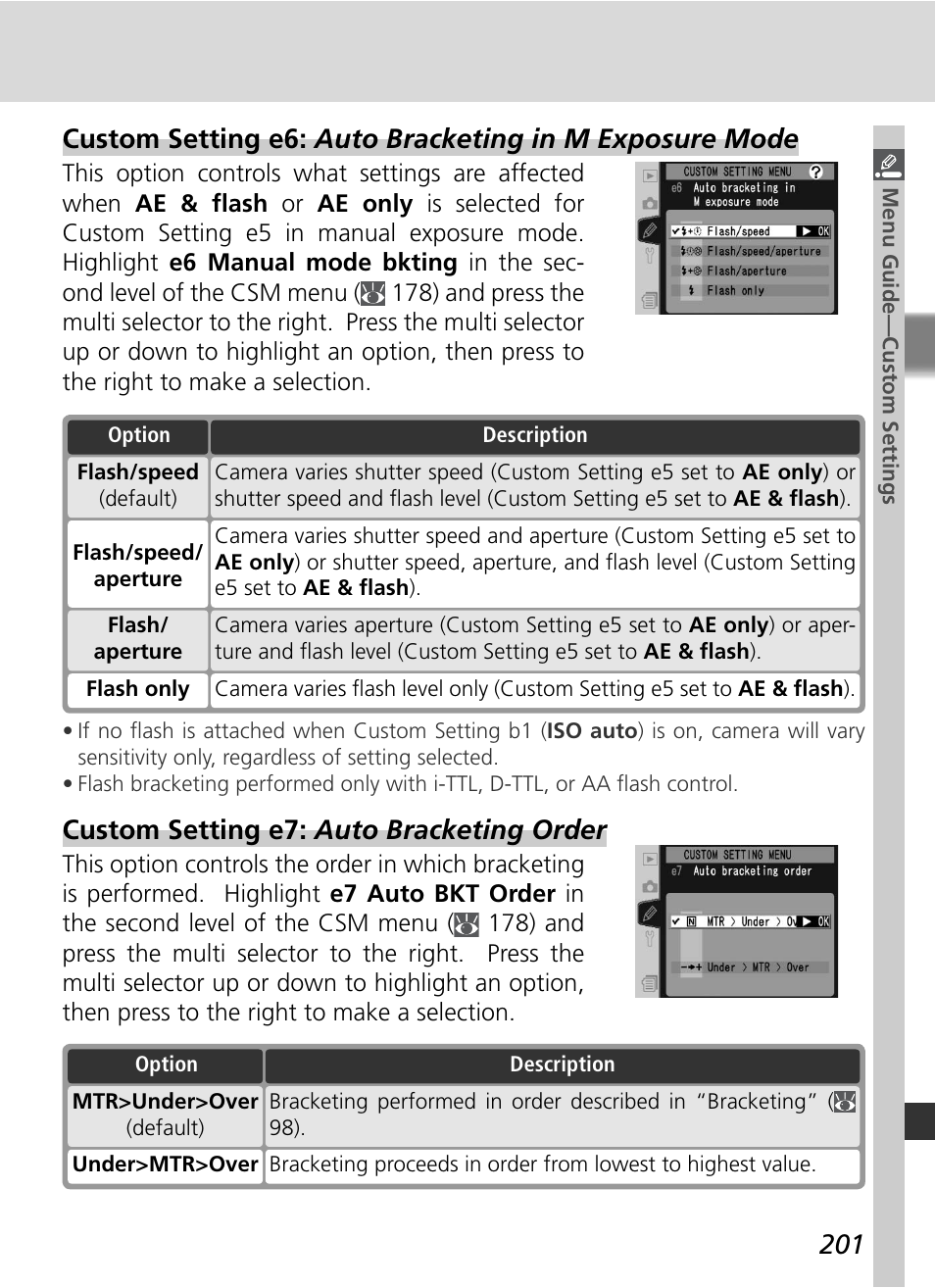Custom setting e7: auto bracketing order | Nikon D2X User Manual | Page 215 / 279