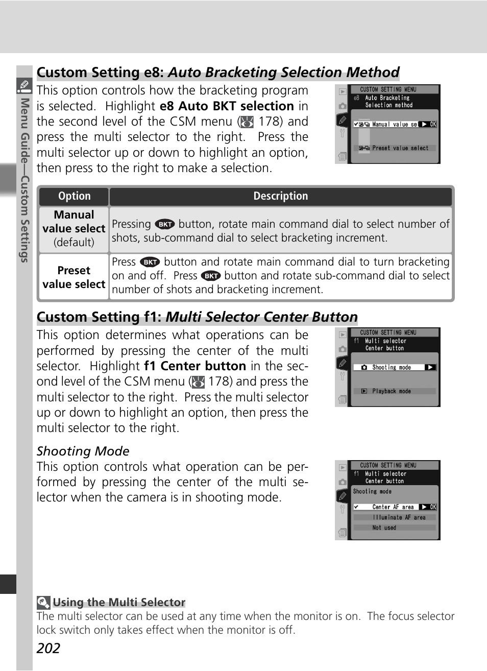 Custom setting f1: multi selector center button | Nikon D2X User Manual | Page 216 / 279