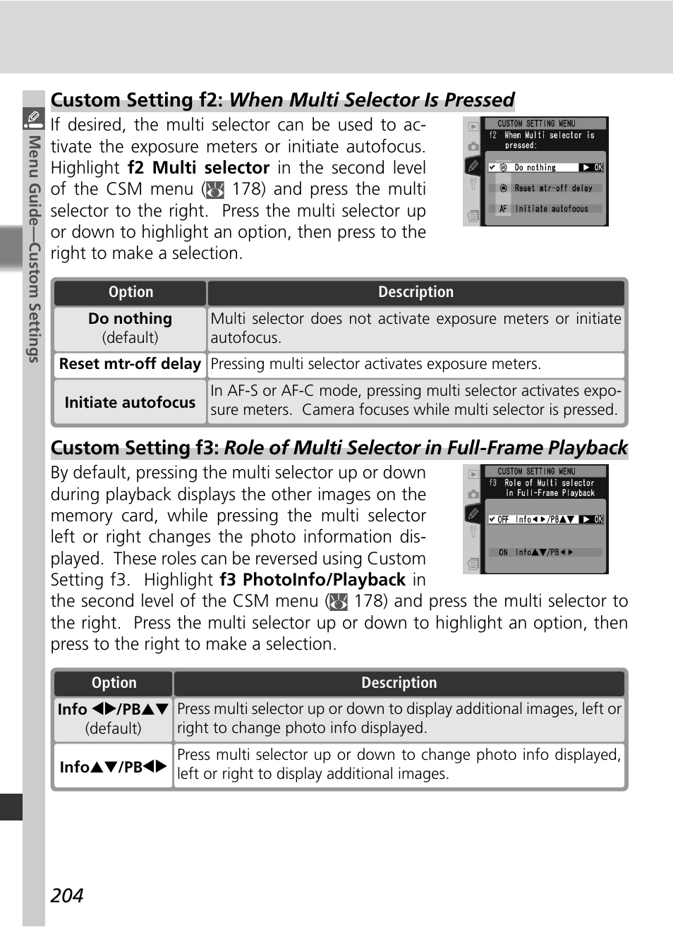 Custom setting f2: when multi selector is pressed | Nikon D2X User Manual | Page 218 / 279