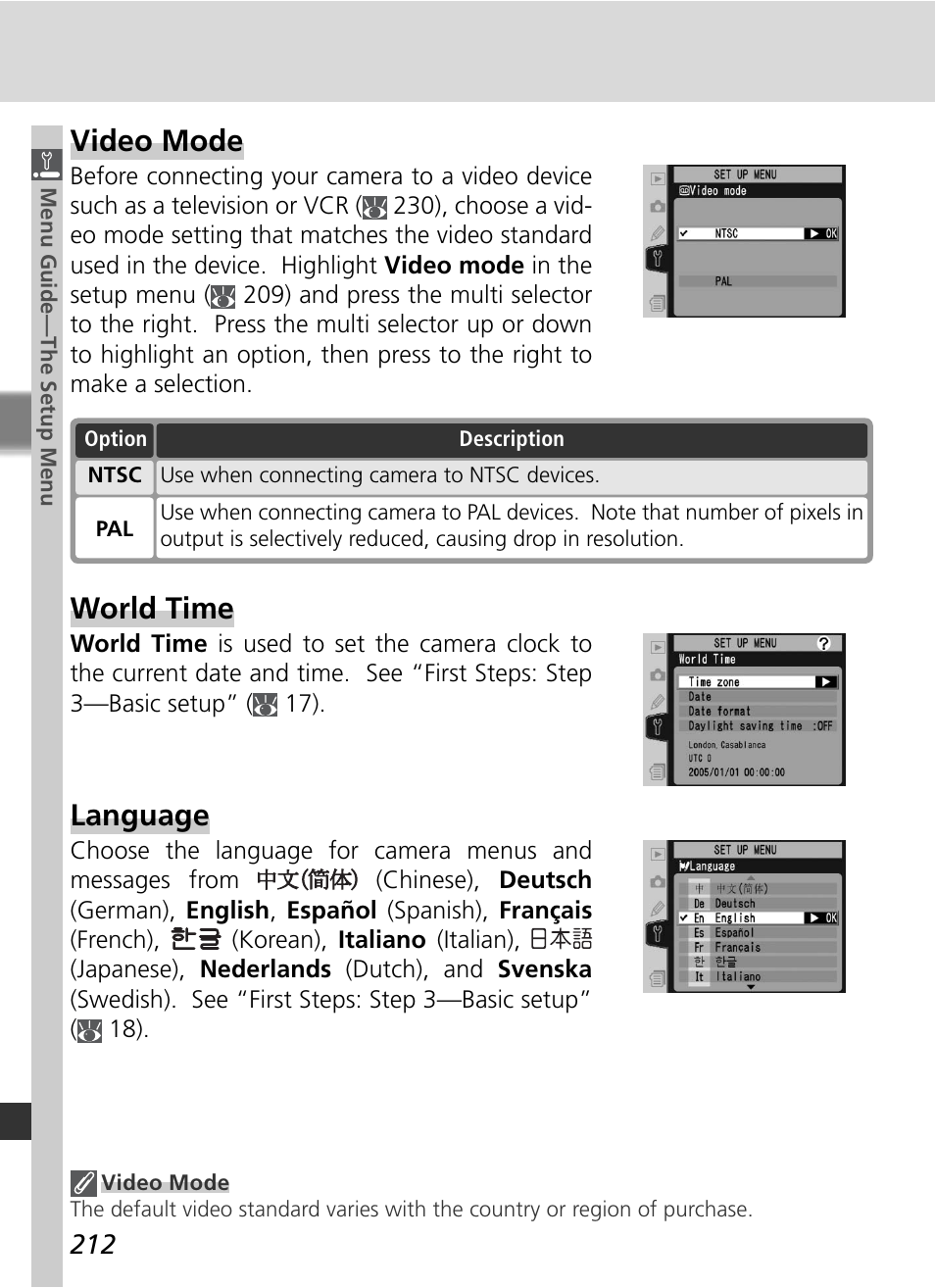 Video mode, World time, Language | Nikon D2X User Manual | Page 226 / 279