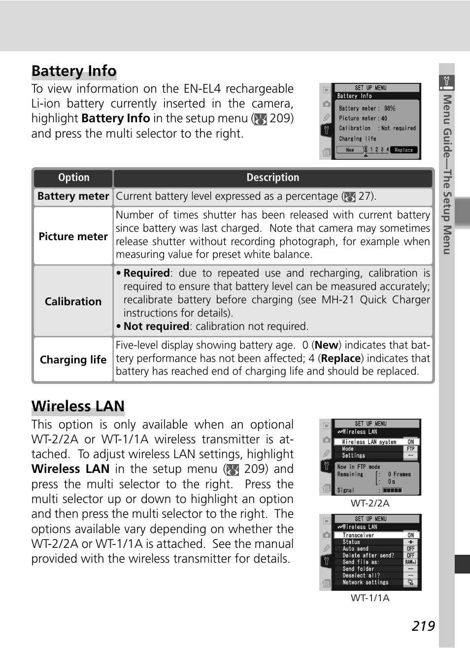 Battery info, Wireless lan | Nikon D2X User Manual | Page 233 / 279