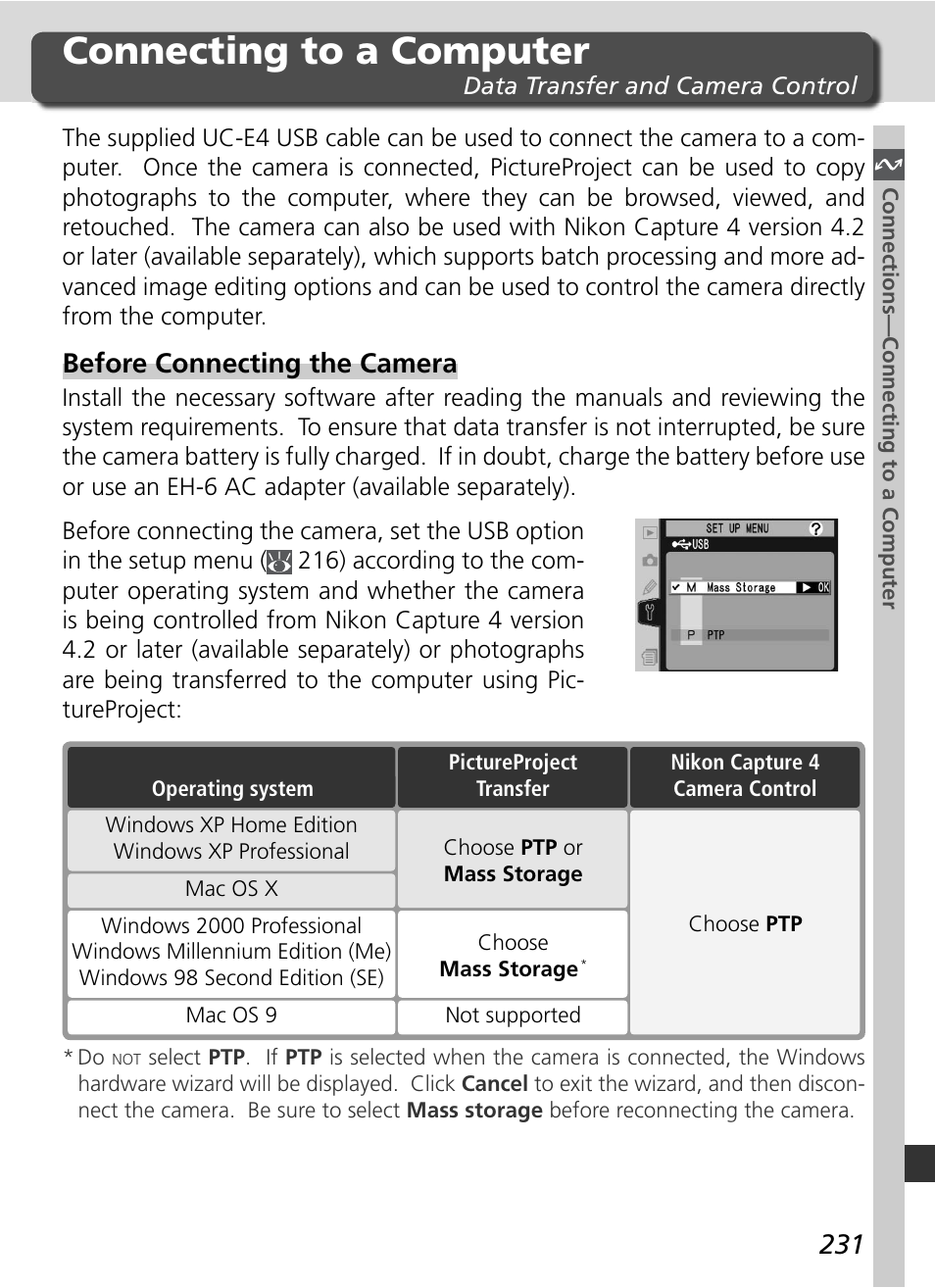 Connecting to a computer, Before connecting the camera | Nikon D2X User Manual | Page 245 / 279