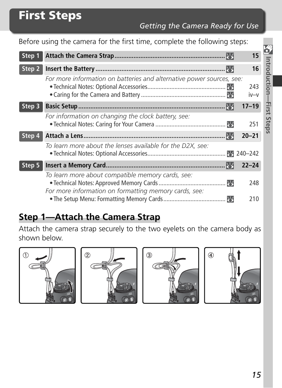 First steps, Step 1—attach the camera strap, Getting the camera ready for use | Intr oduction—first steps | Nikon D2X User Manual | Page 29 / 279