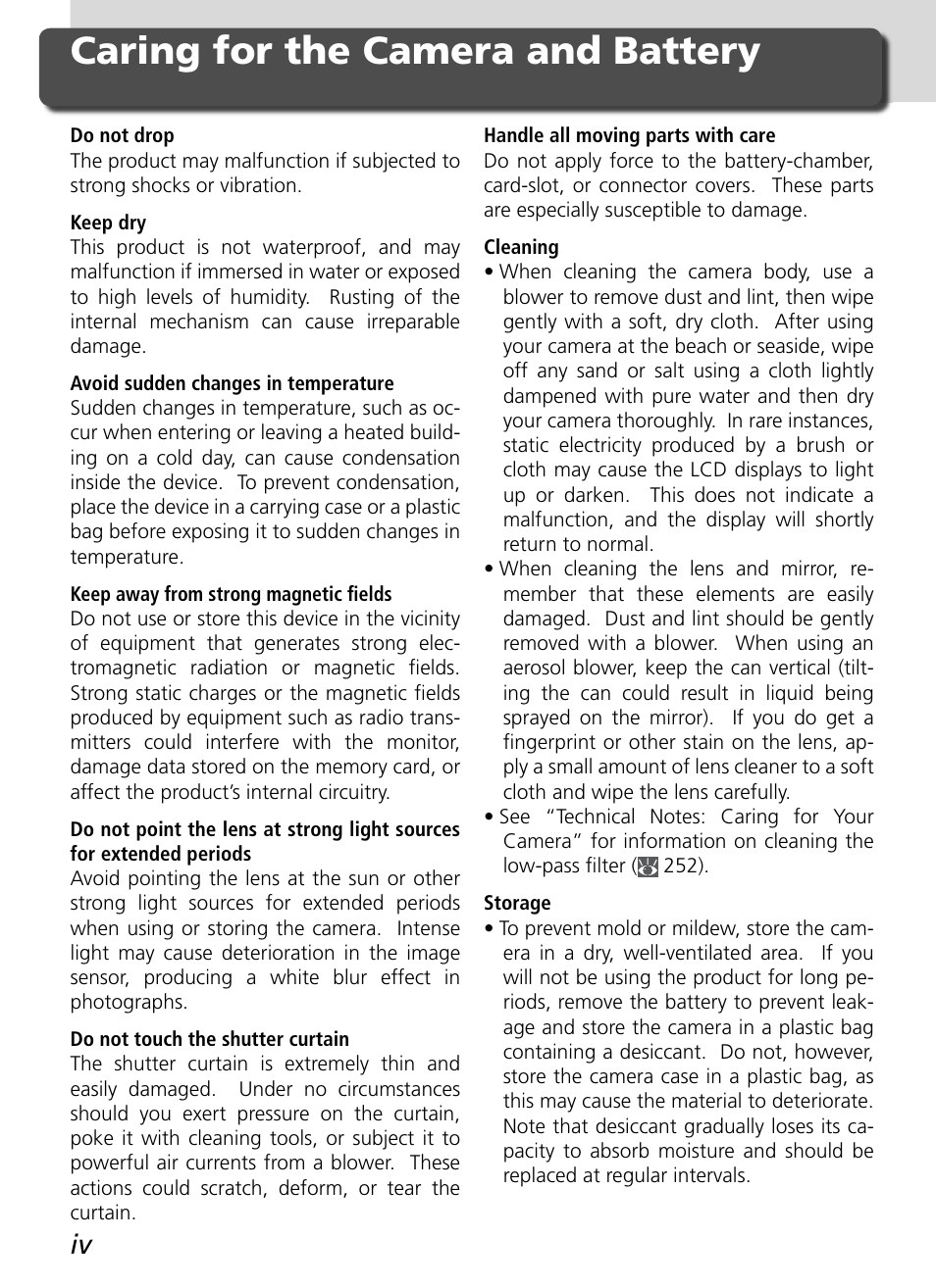 Caring for the camera and battery | Nikon D2X User Manual | Page 6 / 279