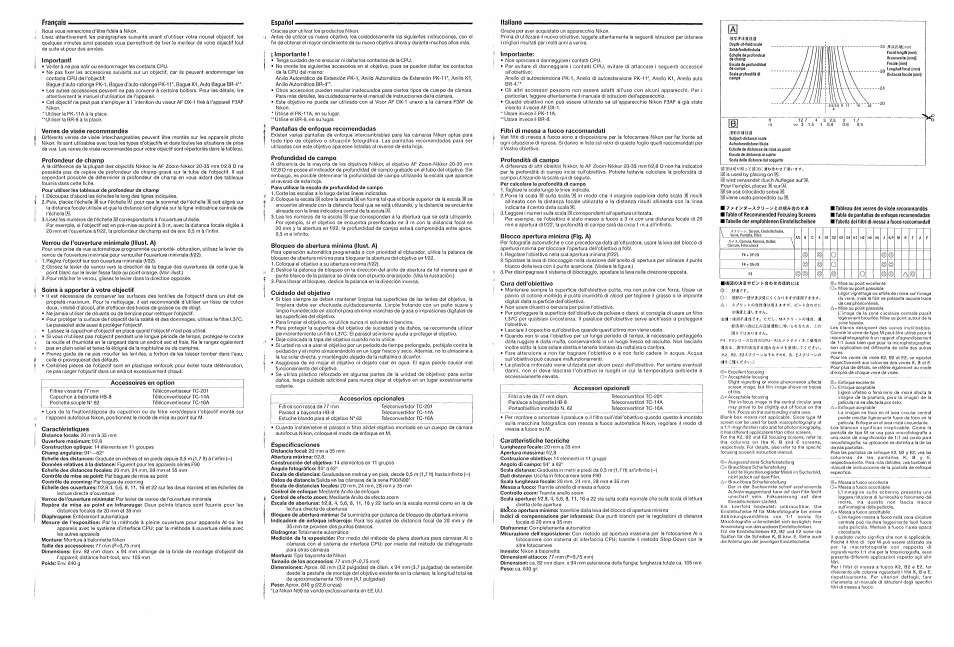 Important, Recommended focusing screens, Depth of field | I minimum aperture lock (lllust. a), Lens care, Specifications, Wichtig, Empfohlene einstellscheiben, Schärfentiefe, Verriegelung für kleinste blende (abb. a) | Nikon AF-Zoom NIKKOR 20-35mm f-2.8D User Manual | Page 2 / 4