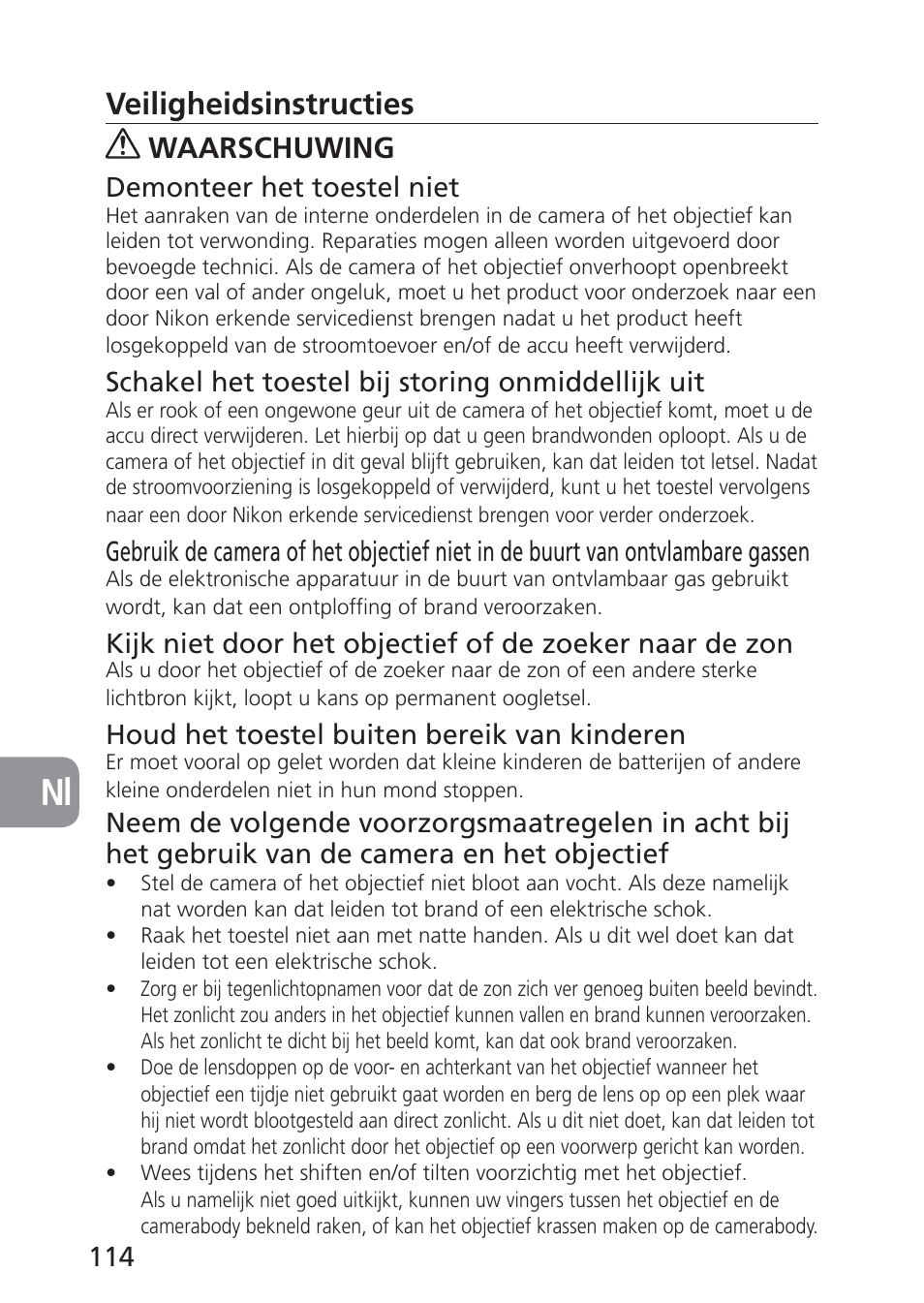 Veiligheidsinstructies, Waarschuwing | Nikon PC-E NIKKOR 24mm f-3.5D ED User Manual | Page 114 / 224