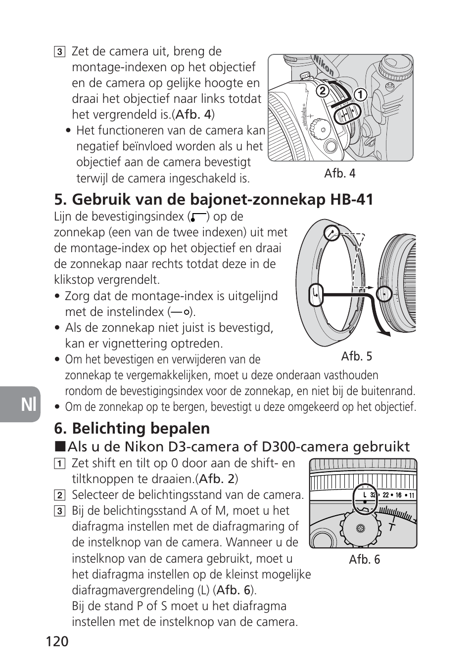 Gebruik van de bajonet-zonnekap hb-41, Belichting bepalen | Nikon PC-E NIKKOR 24mm f-3.5D ED User Manual | Page 120 / 224