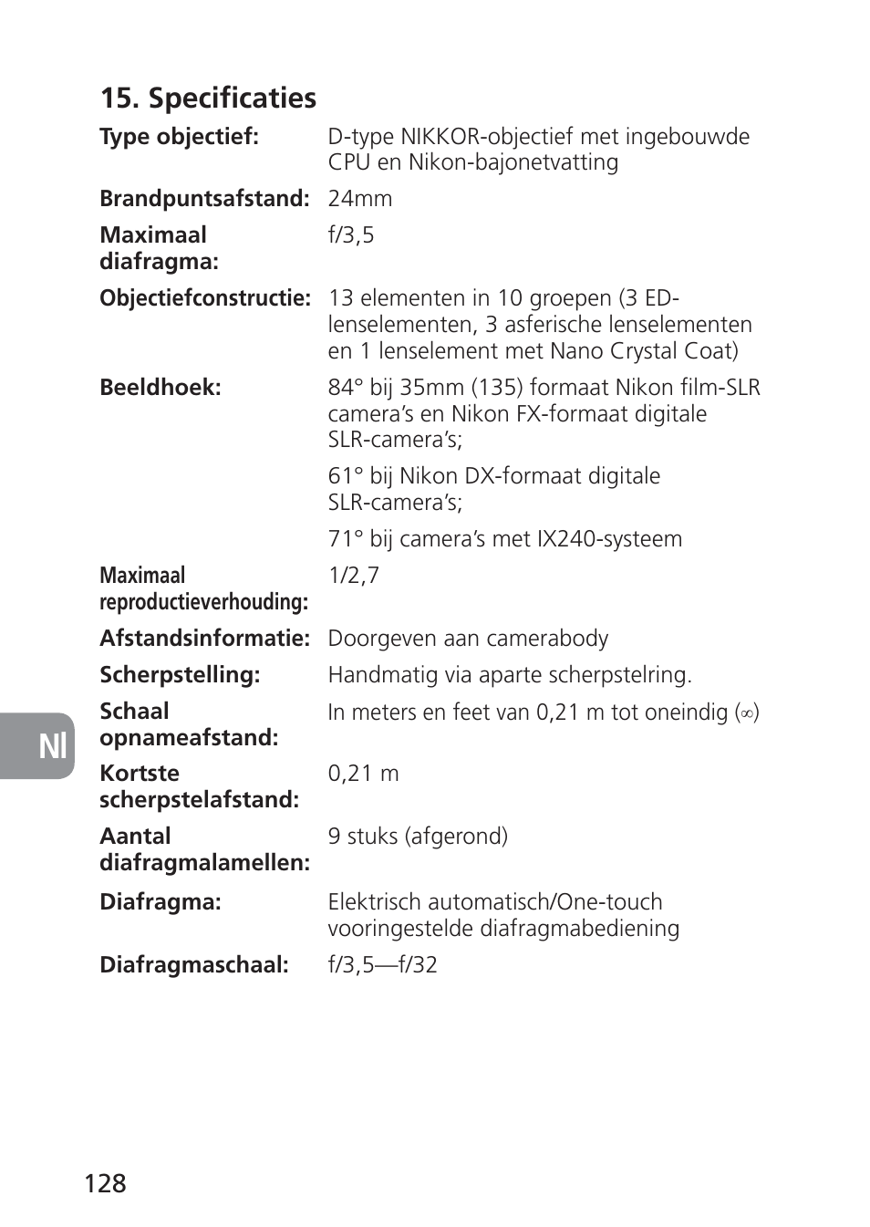 Specificaties | Nikon PC-E NIKKOR 24mm f-3.5D ED User Manual | Page 128 / 224