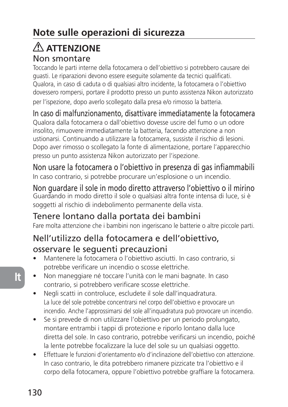 Attenzione | Nikon PC-E NIKKOR 24mm f-3.5D ED User Manual | Page 130 / 224