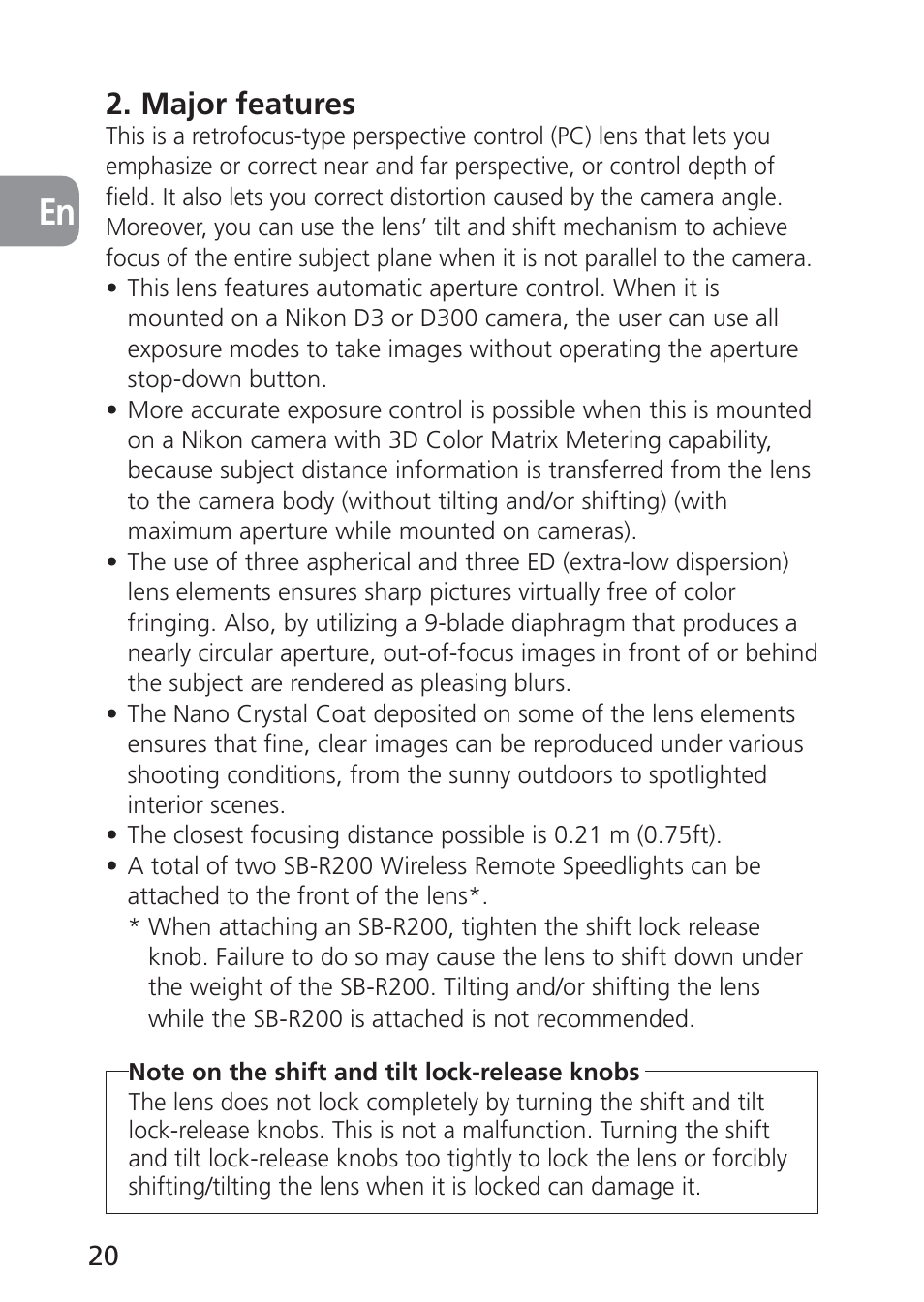 Major features | Nikon PC-E NIKKOR 24mm f-3.5D ED User Manual | Page 20 / 224