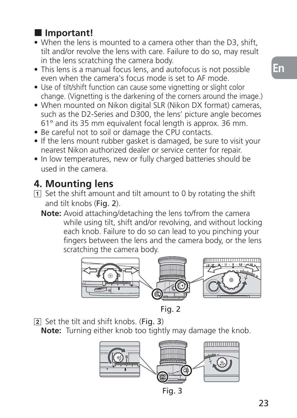 Mounting lens | Nikon PC-E NIKKOR 24mm f-3.5D ED User Manual | Page 23 / 224