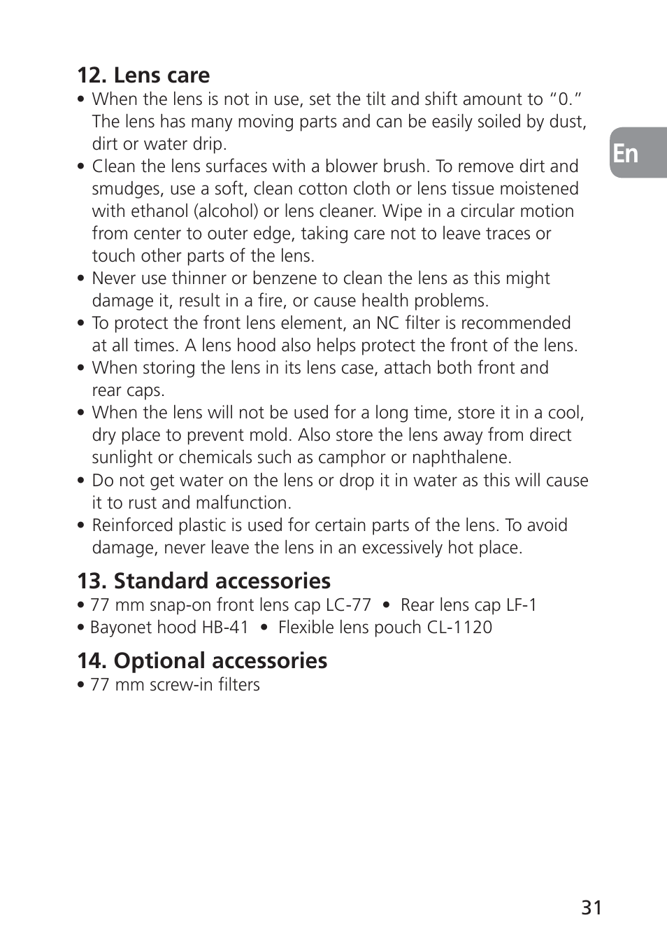 Lens care, Standard accessories, Optional accessories | Nikon PC-E NIKKOR 24mm f-3.5D ED User Manual | Page 31 / 224