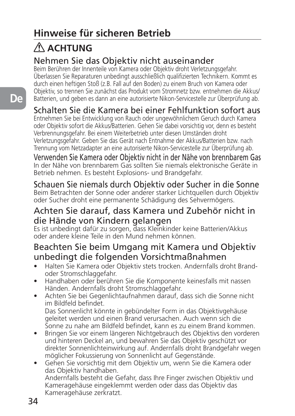 Hinweise für sicheren betrieb, Achtung, Nehmen sie das objektiv nicht auseinander | Nikon PC-E NIKKOR 24mm f-3.5D ED User Manual | Page 34 / 224