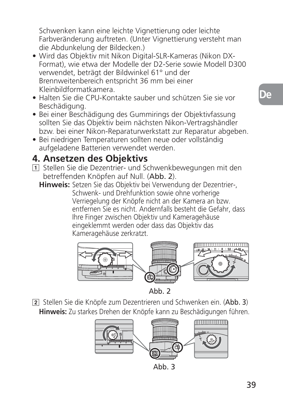 Ansetzen des objektivs | Nikon PC-E NIKKOR 24mm f-3.5D ED User Manual | Page 39 / 224