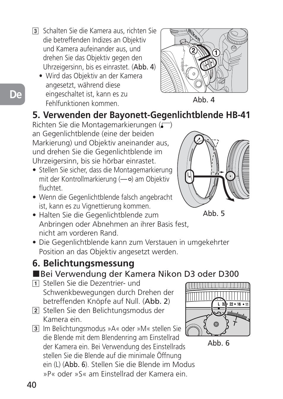 Verwenden der bayonett-gegenlichtblende hb-41, Belichtungsmessung | Nikon PC-E NIKKOR 24mm f-3.5D ED User Manual | Page 40 / 224