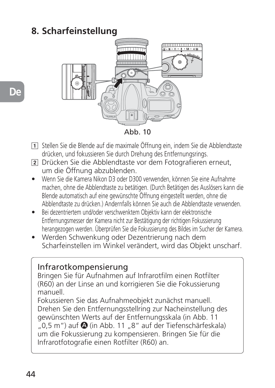 Scharfeinstellung | Nikon PC-E NIKKOR 24mm f-3.5D ED User Manual | Page 44 / 224