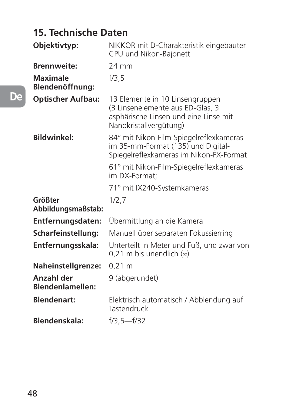 Technische daten | Nikon PC-E NIKKOR 24mm f-3.5D ED User Manual | Page 48 / 224