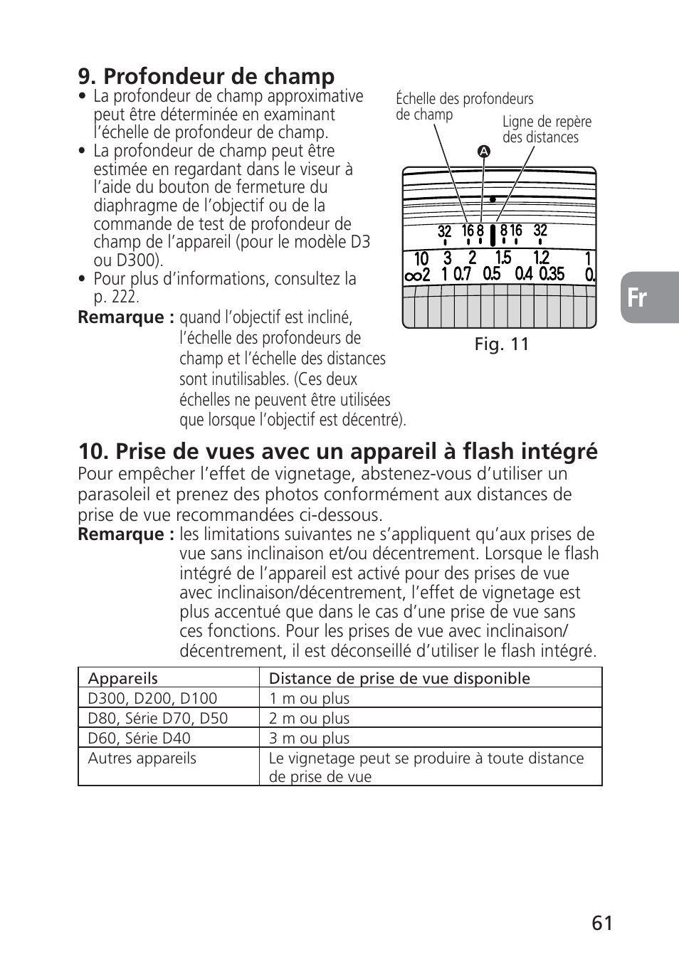 Profondeur de champ, Prise de vues avec un appareil à flash intégré | Nikon PC-E NIKKOR 24mm f-3.5D ED User Manual | Page 61 / 224