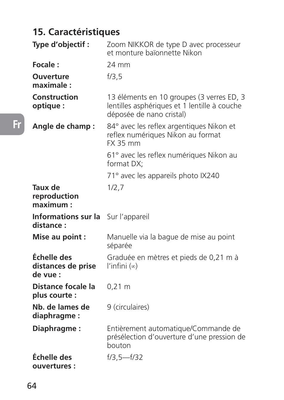 Caractéristiques | Nikon PC-E NIKKOR 24mm f-3.5D ED User Manual | Page 64 / 224