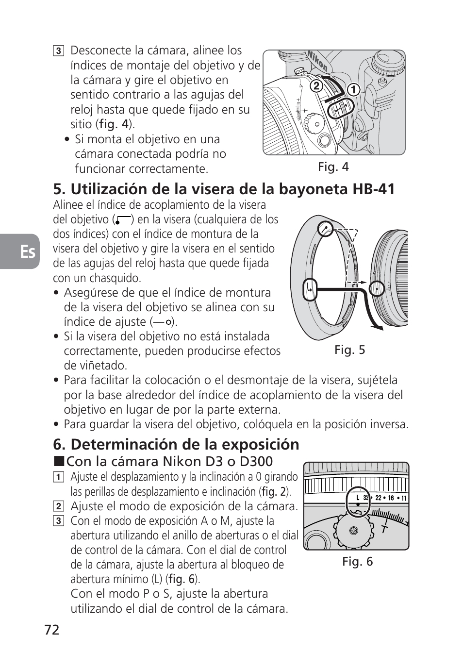 Utilización de la visera de la bayoneta hb-41, Determinación de la exposición | Nikon PC-E NIKKOR 24mm f-3.5D ED User Manual | Page 72 / 224