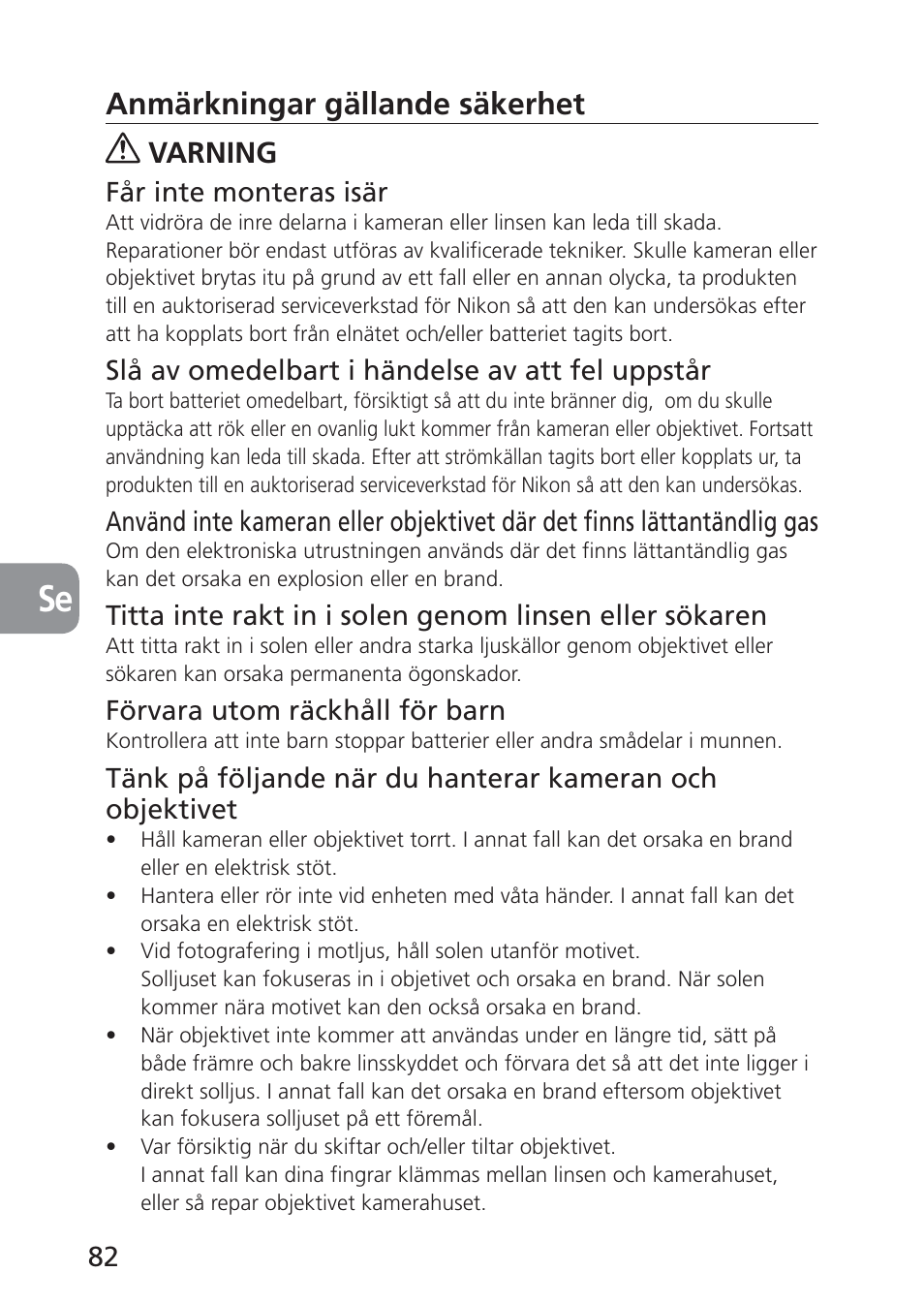 Anmärkningar gällande säkerhet, Varning | Nikon PC-E NIKKOR 24mm f-3.5D ED User Manual | Page 82 / 224