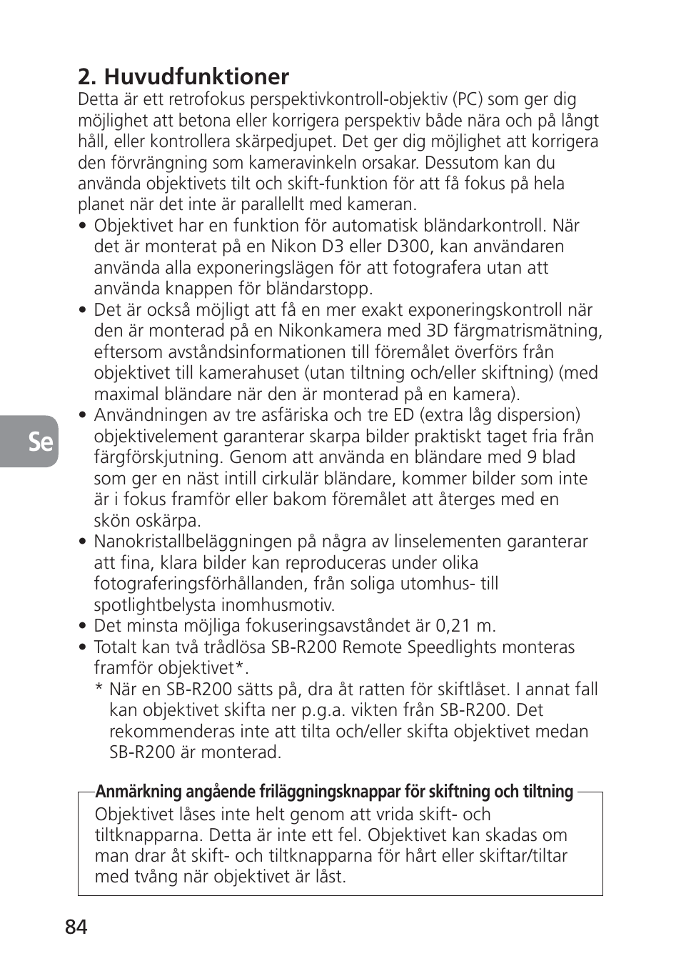 Huvudfunktioner | Nikon PC-E NIKKOR 24mm f-3.5D ED User Manual | Page 84 / 224