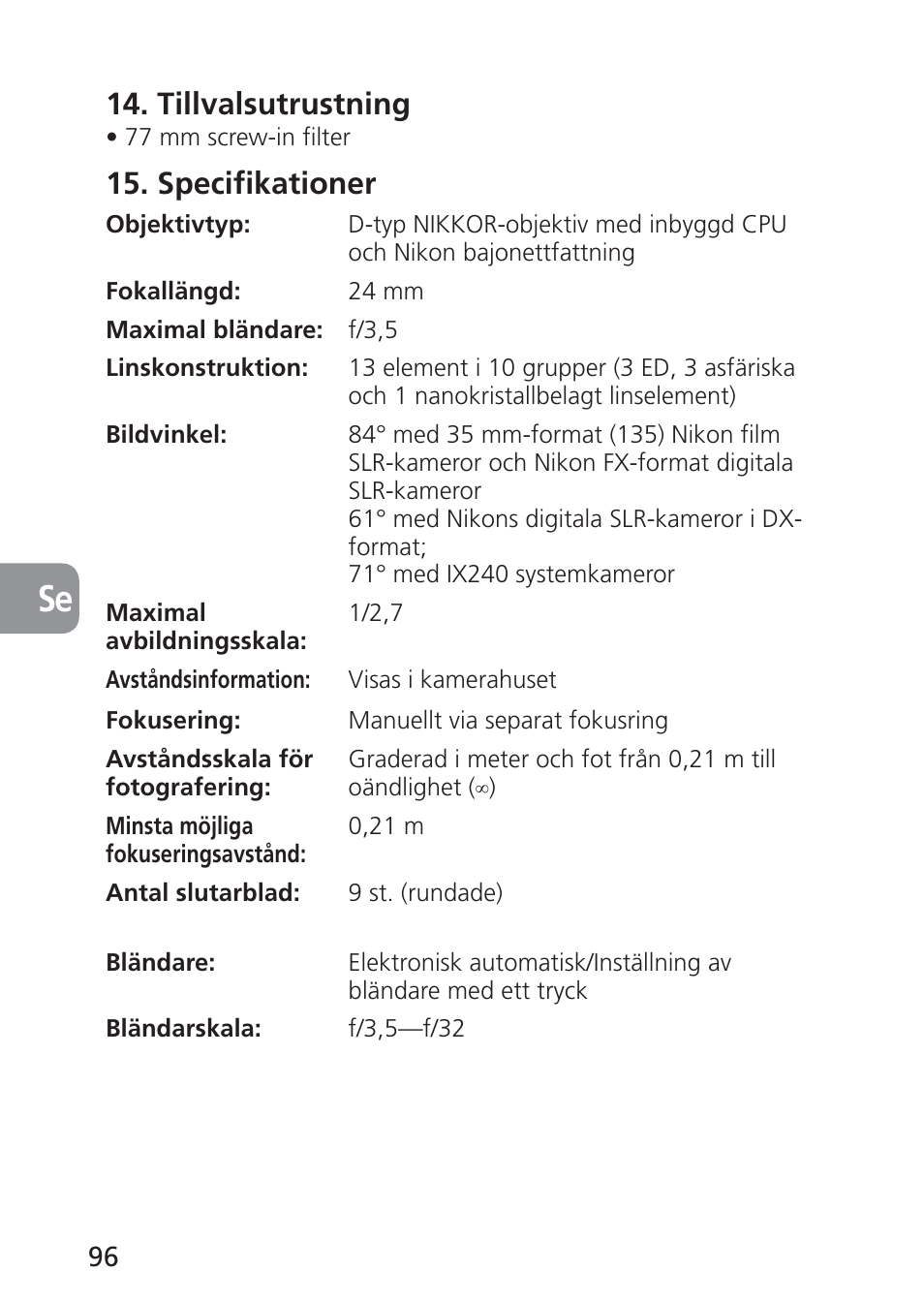 Tillvalsutrustning, Specifikationer | Nikon PC-E NIKKOR 24mm f-3.5D ED User Manual | Page 96 / 224