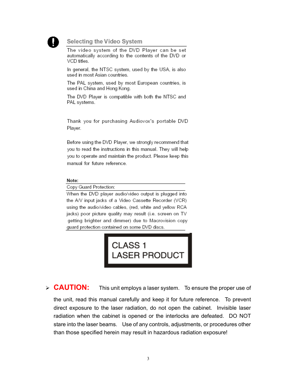 Caution | Audiovox D1800 User Manual | Page 4 / 46
