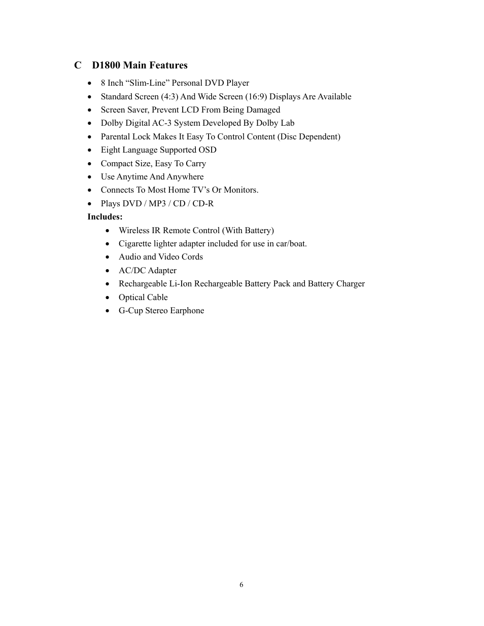 C d1800 main features | Audiovox D1800 User Manual | Page 7 / 46