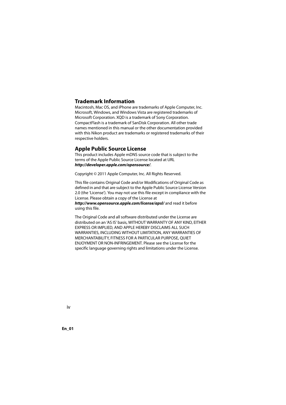 Trademark information, Apple public source license | Nikon D4 User Manual | Page 4 / 64