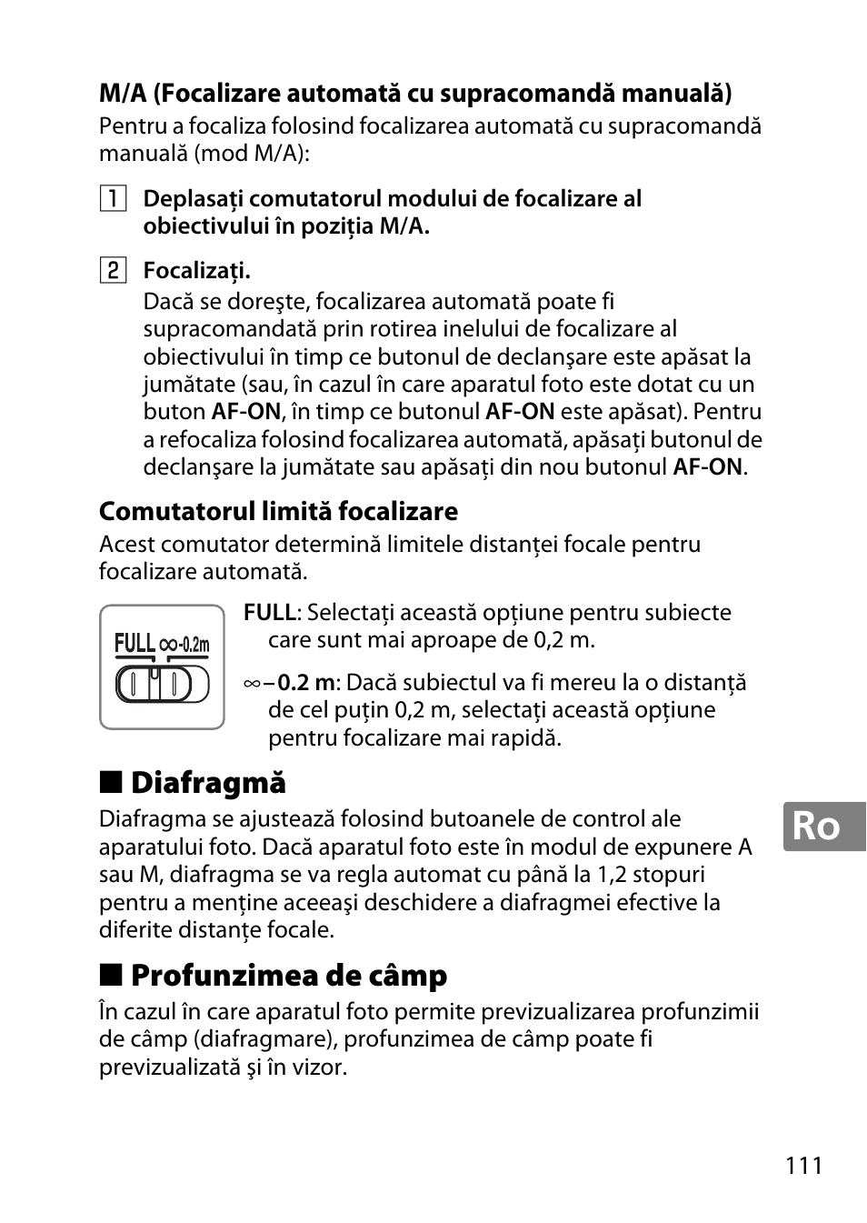 M/a (focalizare automată cu supracomandă manuală), Comutatorul limită focalizare, Diafragmă | Profunzimea de câmp | Nikon AF-S DX Micro- NIKKOR 40mm f-2.8G User Manual | Page 111 / 168
