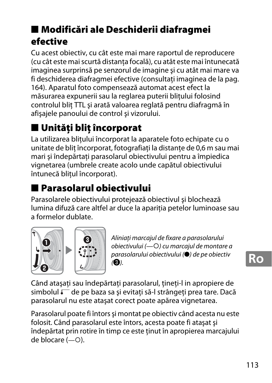 Modificări ale deschiderii diafragmei efective, Unităţi bliţ încorporat, Parasolarul obiectivului | Nikon AF-S DX Micro- NIKKOR 40mm f-2.8G User Manual | Page 113 / 168