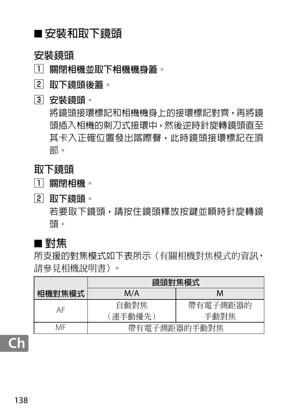安裝和取下鏡頭, 安裝鏡頭, 取下鏡頭 | Nikon AF-S DX Micro- NIKKOR 40mm f-2.8G User Manual | Page 138 / 168