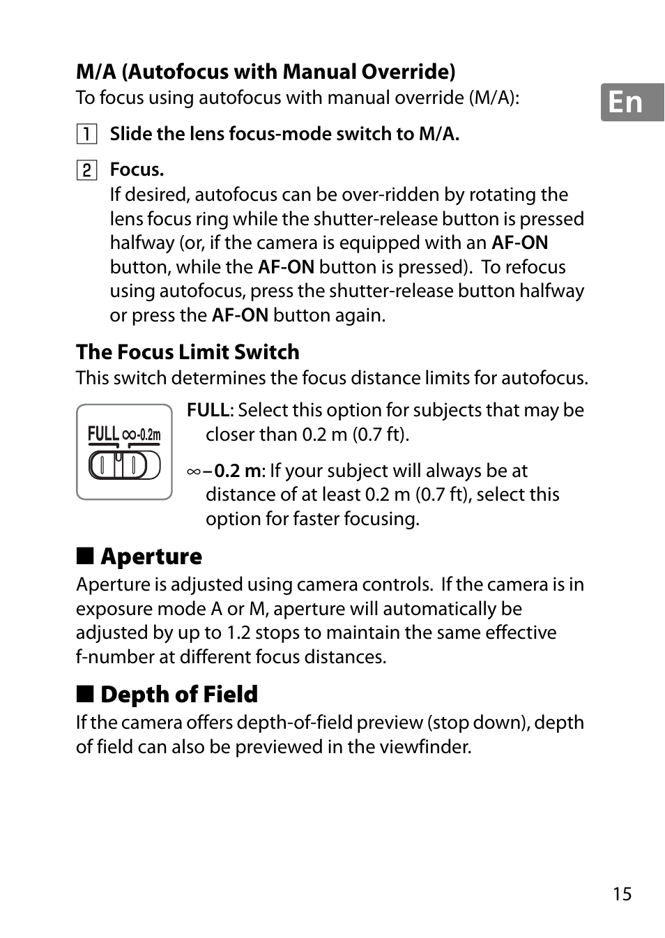 M/a (autofocus with manual override), The focus limit switch, Aperture | Depth of field | Nikon AF-S DX Micro- NIKKOR 40mm f-2.8G User Manual | Page 15 / 168